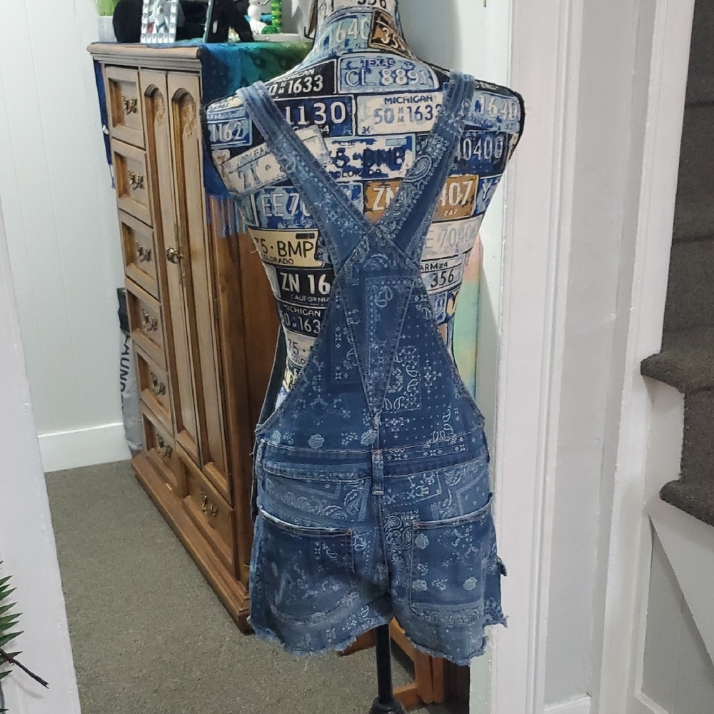 Blue Denim Patterned Ripped Overall Shorts! - Picture 3 of 15